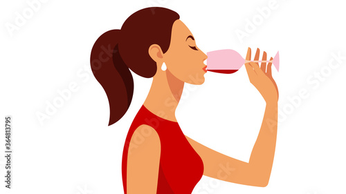 Drinking wine. Beautiful woman with glass of wine. Brunette is drinking a red wine. Vector illustration for magazine cover, poster for cafe, restaurant.