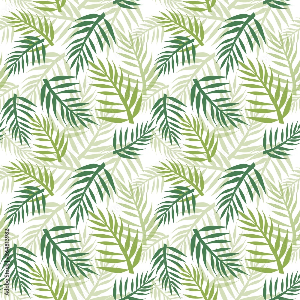 Tropical seamless pattern with palm tree leaves. Endless texture with beautiful green palm leaf silhouette on a white background. 