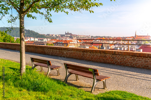 Photography View of Prague Castle from Vysehrad with lush green spring trees, Prague, Czech