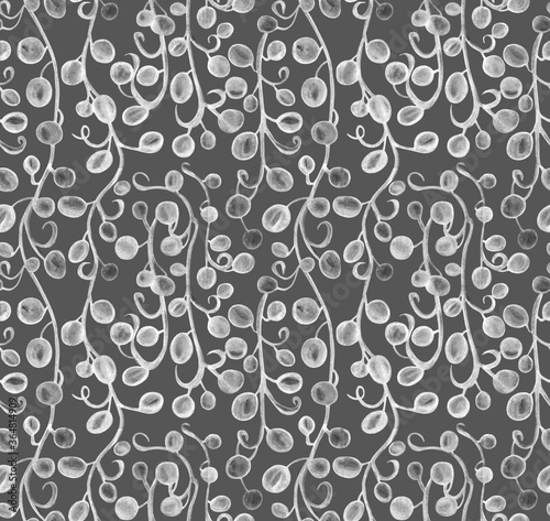 Hanging branches of the plant Senecio herreianus String of Raindrops, watercolor painting. Seamless pattern isolated on grey background. Design for fabric,baby room, packaging,print, wrapping paper.