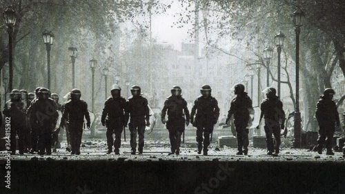 Riot Police disperse protesters, Film style.Frames created using ink printer and scanner photo