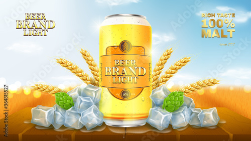 Light beer ads template. Promo banner with light beer can, hops, wheat and ice on wooden table. Vector illustration with wheat field on background.