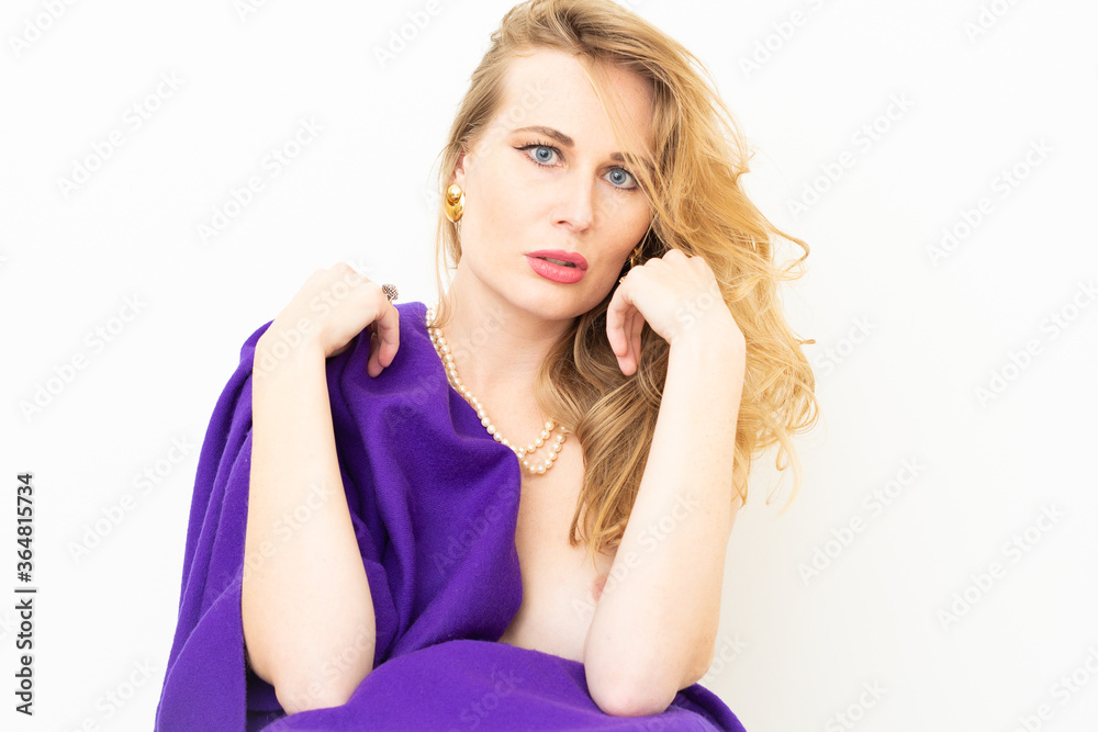 Topless blond girl in stockings with purple cover Topless blond girl in stockings with purple cover