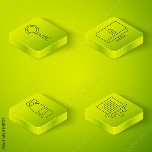 Set Isometric Lock on computer monitor, Fire extinguisher, Paper shredder and Old key icon. Vector.