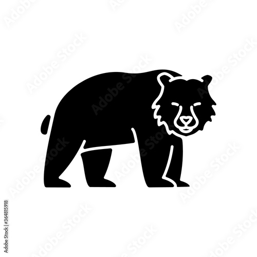 Brown bear black glyph icon. Large carnivore predator, dangerous woodland creature, forest inhabitant. Common nordic fauna silhouette symbol on white space. Grizzly bear vector isolated illustration