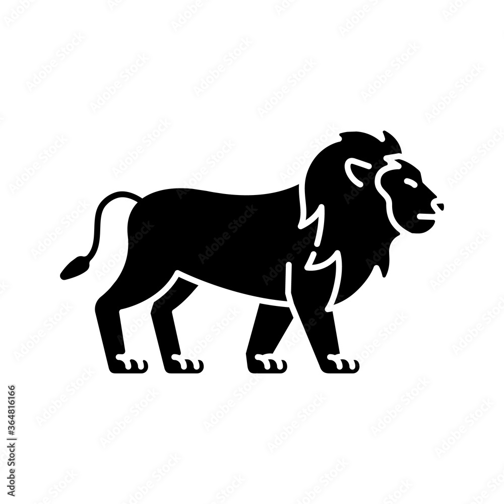 Lion black glyph icon. Exotic carnivore animal, dangerous predator. Tropical zoo inhabitant. African safari, savanna silhouette symbol on white space. Wild cat with mane vector isolated illustration