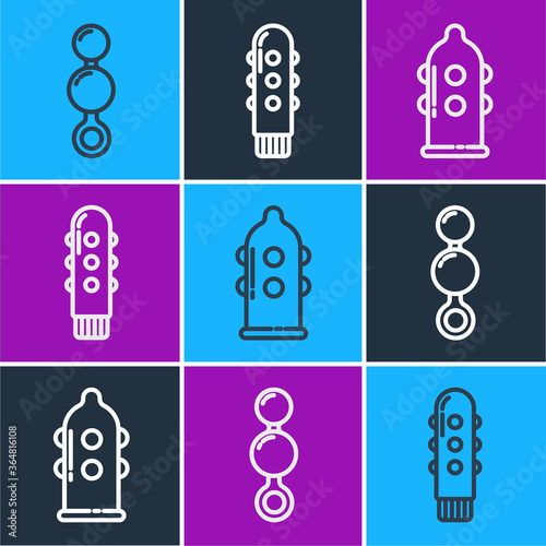 Set line Anal beads, Condom and Dildo vibrator icon. Vector.