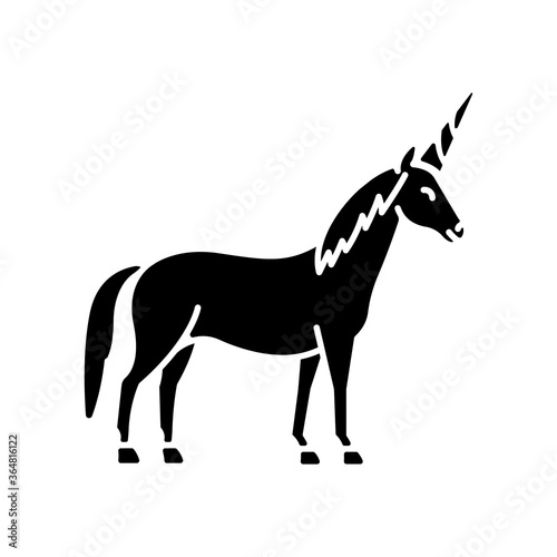 Unicorn black glyph icon. Mythical creature  fairy tale animal mascot. Childish fantasy animal  kids fable silhouette symbol on white space. Magical horse with horn vector isolated illustration