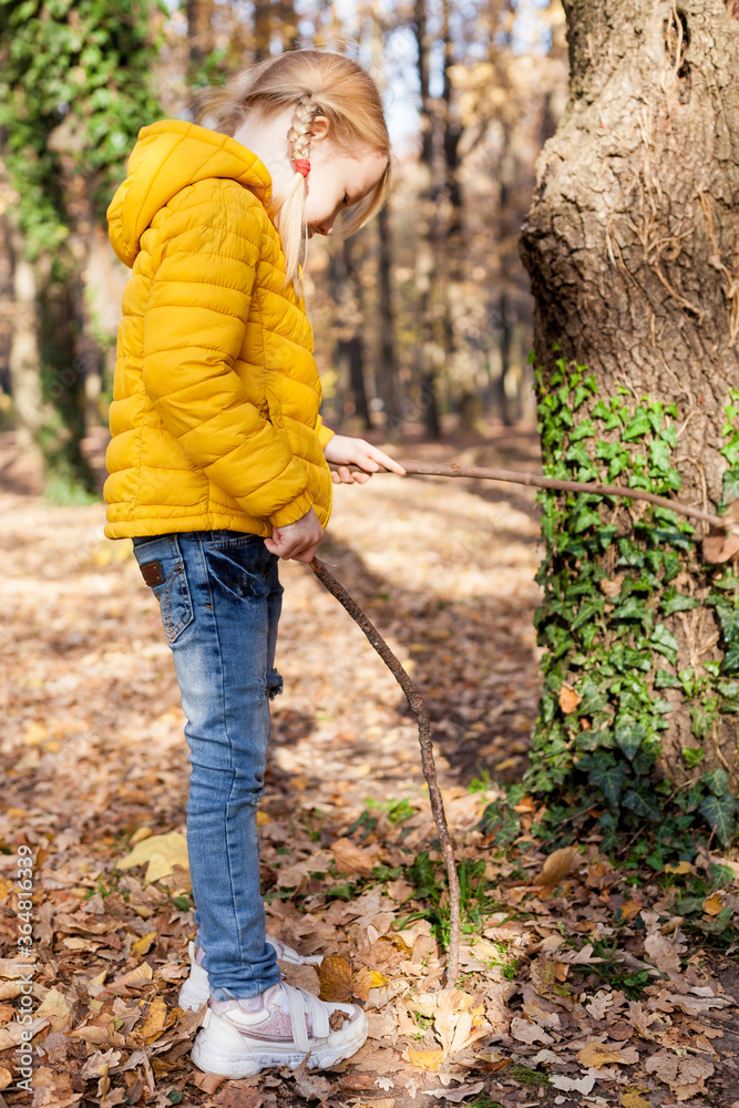 Children hiking in the forest. Girls exploring nature in the woods on autumn day, playing with stick and leaves Outdoor recreation and family awesome adventures with kids in fall Children hiking in the forest. Girls exploring nature in the woods on autumn day, playing with stick and leaves Outdoor recreation and family awesome adventures with kids in fall