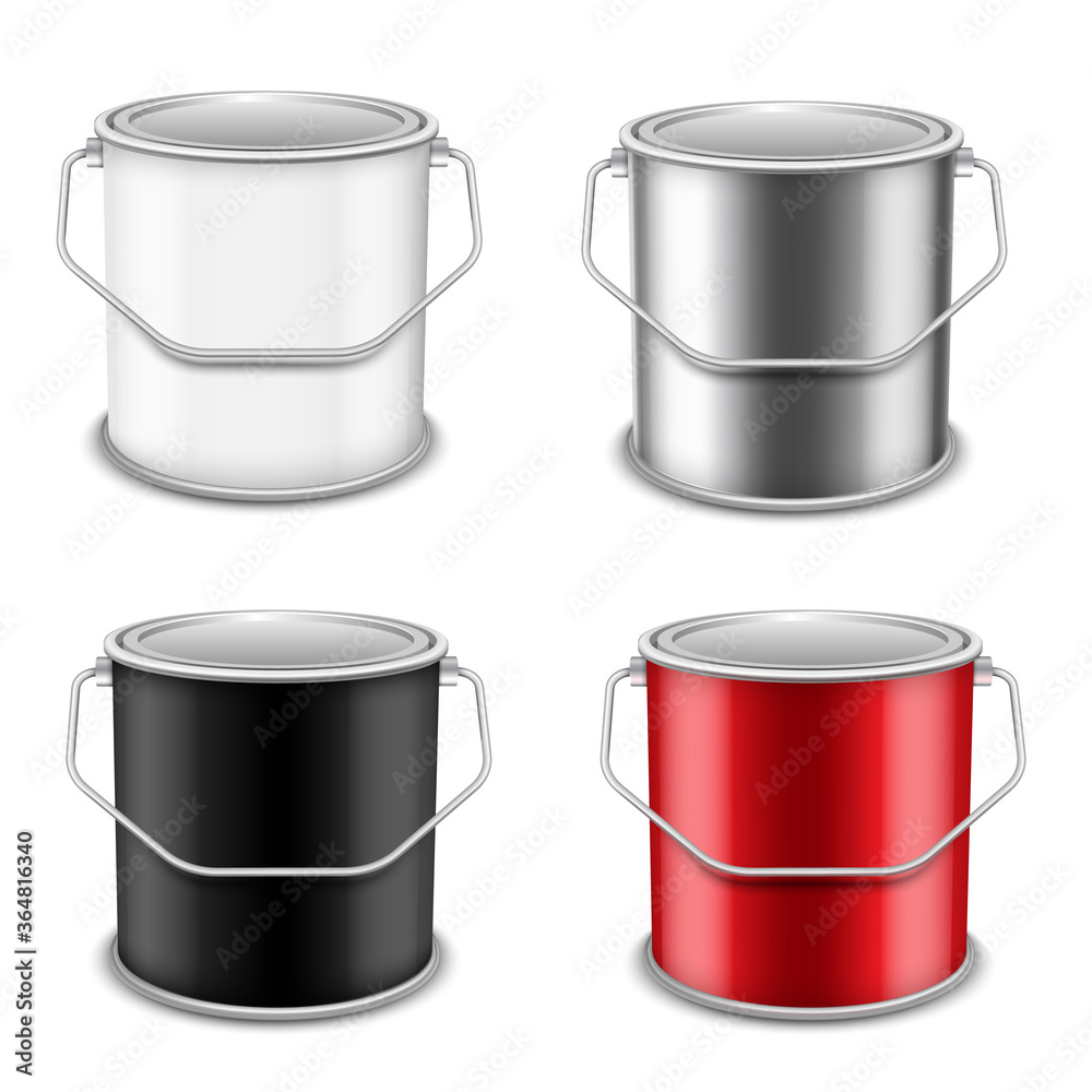 Realistic vector 3D mockup paint can set. Realistic template for advertising paintwork products. Realistic vector 3D mockup paint can set. Realistic template for advertising paintwork products.