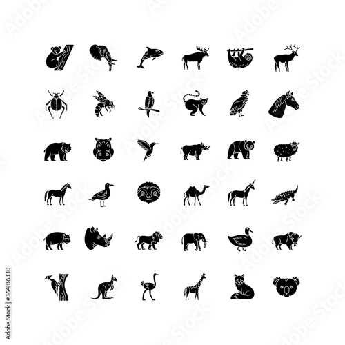 Animals black glyph icons set on white space. Different wildlife, diverse fauna silhouette symbols. Common and exotic animal species. Flying, land and sea creatures. Vector isolated illustrations