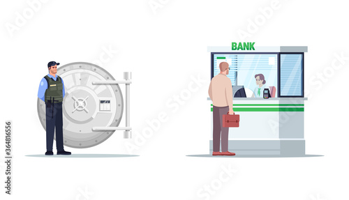 Deposit semi flat RGB color vector illustration set. Customer and financial consultant. Vault metallic round door. Bank service isolated cartoon character on white background collection
