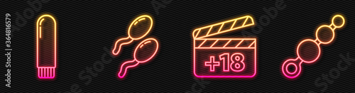 Set line Movie clapper with 18 plus content, Dildo vibrator, Sperm and Anal beads. Glowing neon icon. Vector.