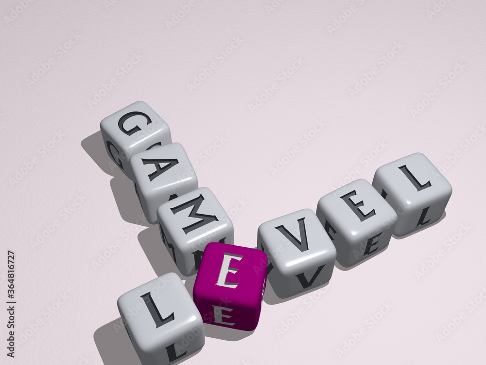 crosswords of video games: GAME LEVEL arranged by cubic letters on a mirror floor, concept meaning and presentation. illustration and background crosswords of video games: GAME LEVEL arranged by cubic letters on a mirror floor, concept meaning and presentation. illustration and background