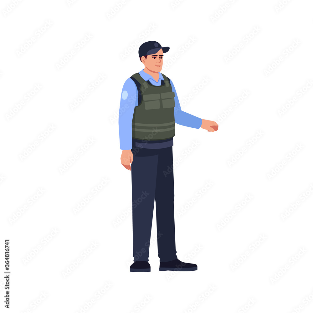 Cop in bulletproof vest semi flat RGB color vector illustration. Security guard. Bank safeguard. Policeman patrol. Police officer stand in uniform isolated cartoon character on white background Cop in bulletproof vest semi flat RGB color vector illustration. Security guard. Bank safeguard. Policeman patrol. Police officer stand in uniform isolated cartoon character on white background