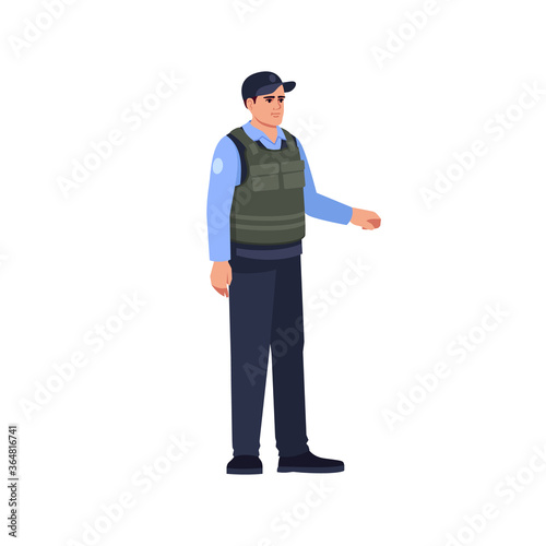 Cop in bulletproof vest semi flat RGB color vector illustration. Security guard. Bank safeguard. Policeman patrol. Police officer stand in uniform isolated cartoon character on white background