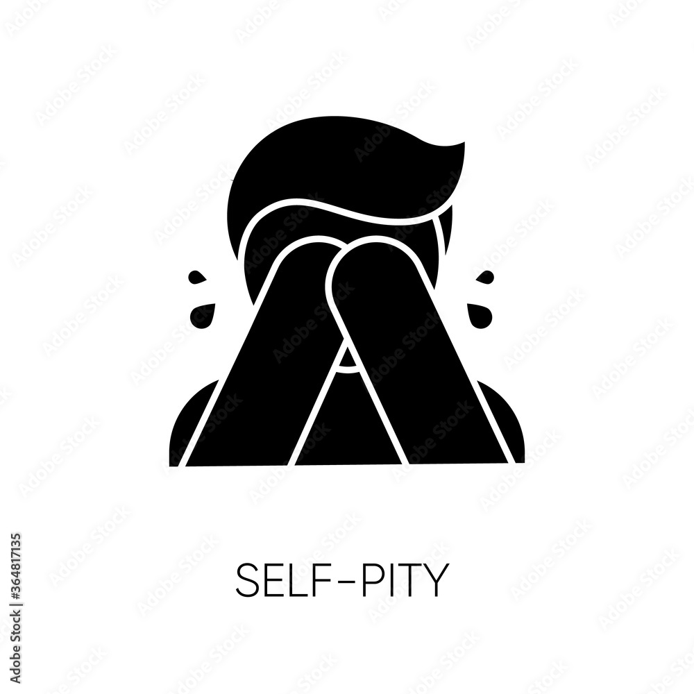 Self pity black glyph icon. Sad mental state, melancholy, depression silhouette symbol on white space. Feeling sorry for yourself, bad personality trait. Crying person vector isolated illustration