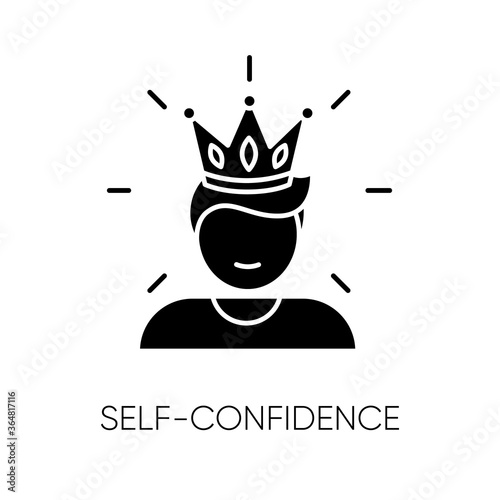 Self confidence black glyph icon. Feeling of overconfidence, narcissism. Arrogant attitude silhouette symbol on white space. Self assured, egotistical person in crown vector isolated illustration