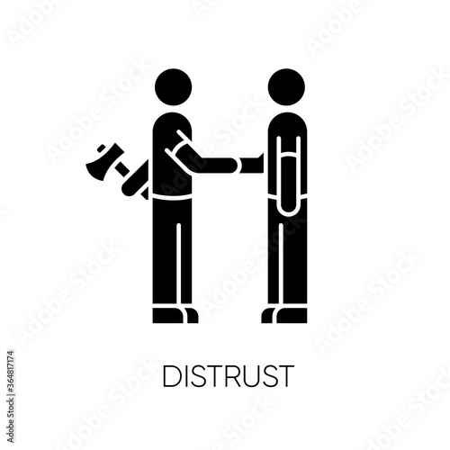 Distrust black glyph icon. Lack of trust, insecurity, betrayal. Negative mindset silhouette symbol on white space. Untrustworthy behaviour. Shaking hands with traitor vector isolated illustration