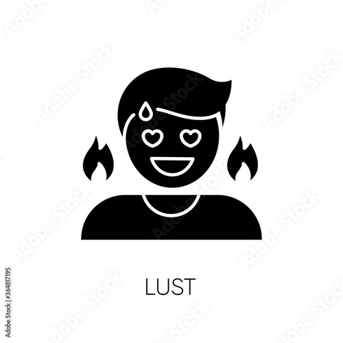 Lust black glyph icon. Passionate affection, strong sexual desire, lewdness silhouette symbol on white space. Concupiscence, emotional reaction. Person feeling aroused vector isolated illustration