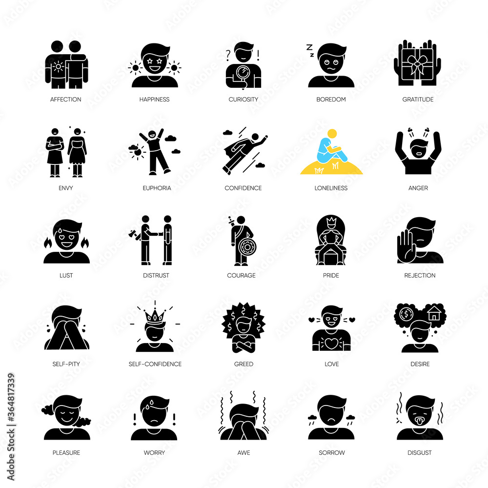 Human feelings black glyph icons set on white space. Positive and negative emotions, mood expressions silhouette symbols. Different psychological reactions, mental states. Vector isolated illustration