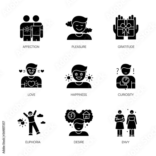 Feelings and emotions black glyph icons set on white space. Various emotional reactions, human psychology silhouette symbols. Positive feelings and negative mental states. Vector isolated illustration