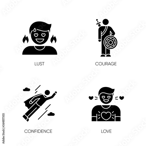 Good feelings and qualities black glyph icons set on white space. Positive mood, emotions and personality traits silhouette symbols. Confidence, courage, lust and love. Vector isolated illustration