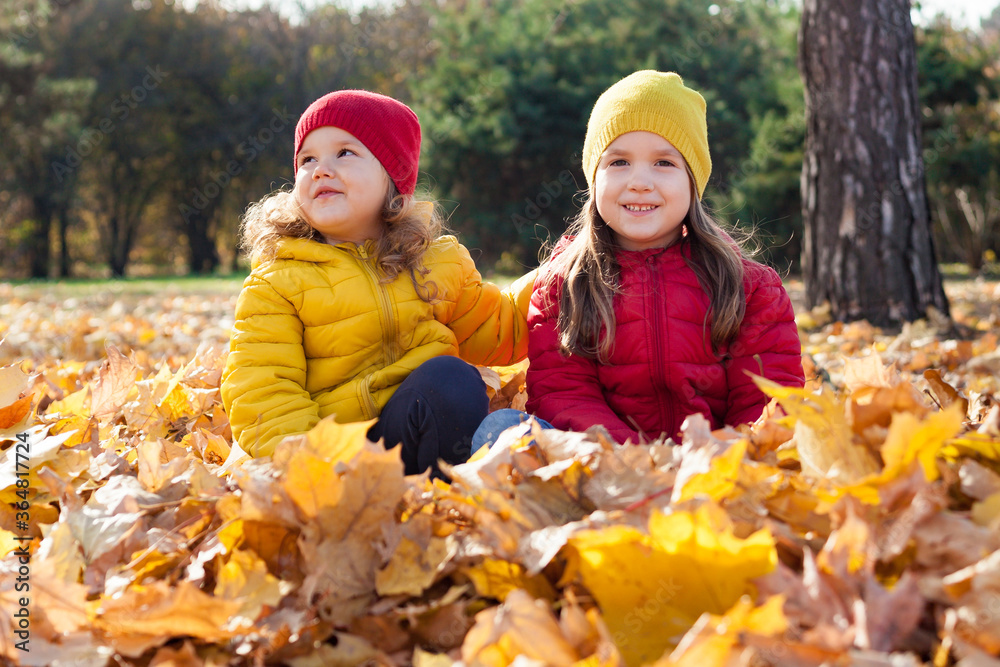 Two cute little happy girls sisters having fun on walk in the park on sunny autumn day. Children play and laugh in yellow leaves. Family active weekend with kids Two cute little happy girls sisters having fun on walk in the park on sunny autumn day. Children play and laugh in yellow leaves. Family active weekend with kids