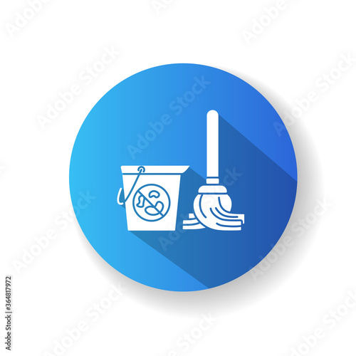 Floor mopping blue flat design long shadow glyph icon. Room disinfection, home cleaning. Housework, domestic chores. Mop and bucket with antibacterial detergent silhouette RGB color illustration