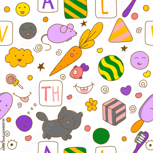 Seamless kawaii child pattern with cute doodles.