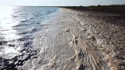 Dirty foam on the water, eutrophication of the estuary. Environmental issues in the water, Tuzlovsky estuaries, Black Sea photo