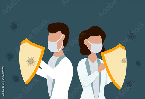 Male and female doctors with sield agains coronavirus vector illustration. Flat design
