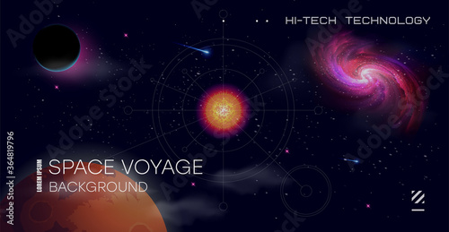 Vector illustration of space, planets and galaxy for poster, banner or background.