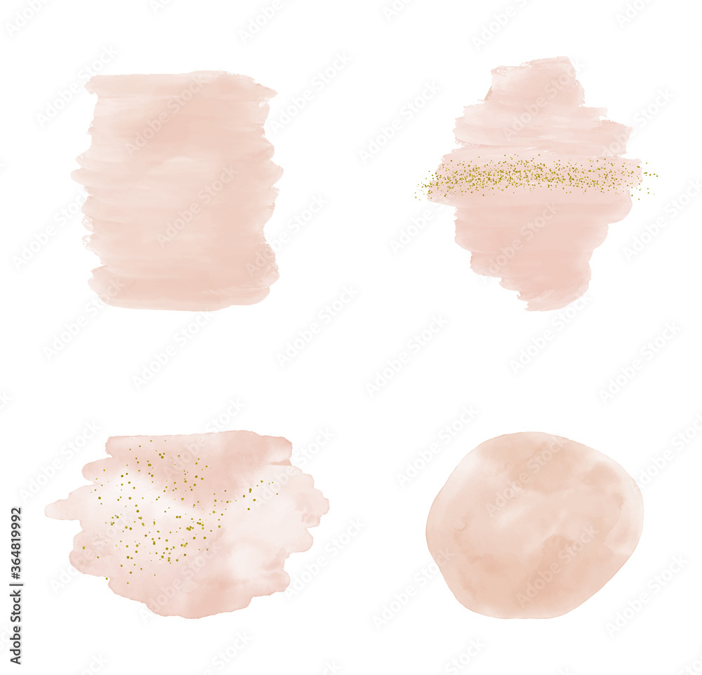 Pink brush stroke watercolor with gold sparkle glitter confetti. Splashes Clipart. Abstract washes.