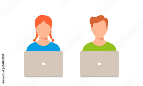 Boy and girl with laptop. People icon. Concept for school, network, online education, training, workshops, news and communication. Vector illustration.