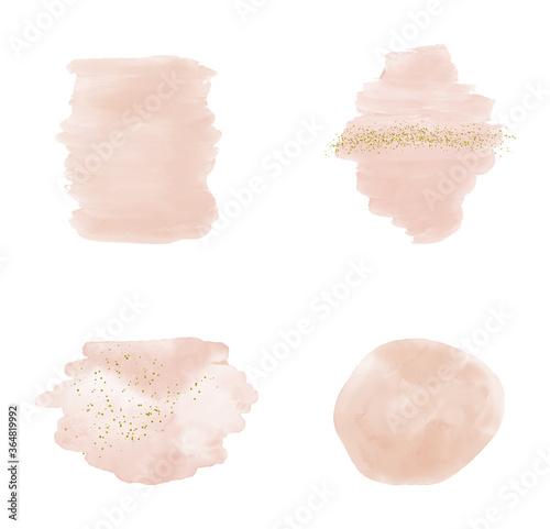 Pink brush stroke watercolor with gold sparkle glitter confetti. Splashes Clipart. Abstract washes.