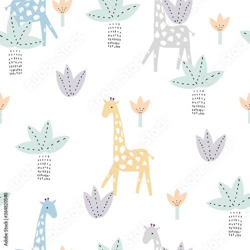 Pastel jungle seamless pattern. Childish cute print. Vector hand drawn illustration.