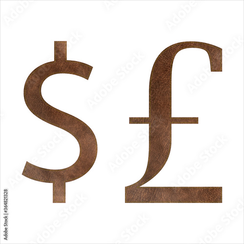 Brown leather currency sign dollar, pound sterling isolated on a white background. USD GBP currency abbreviation, vector illustration.