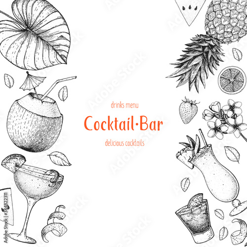Cocktails hand drawn vector illustration. Alcoholic Cocktails sketch set. Engraved style. Design template for bar. Tropical set.