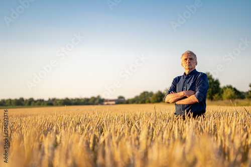 Man-farmer stands cross hands in field with golden wheat. Agriculture concept. © Vadim