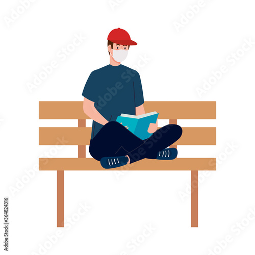 man with mask reading a book on bench design of medical care and covid 19 virus theme Vector illustration