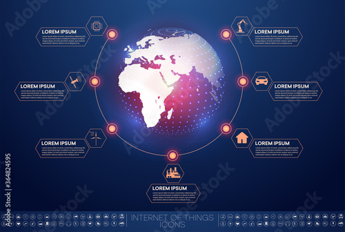 Internet of things (IoT) or Industrial world map and networking concept for connected devices. Spider web of network connections with on a futuristic blue background. Vector illustration