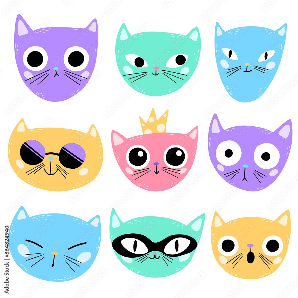 Naklejka Illustration of cute cartoon cats faces isolated on white background. Multi-colored cats emotions in a primitive style.