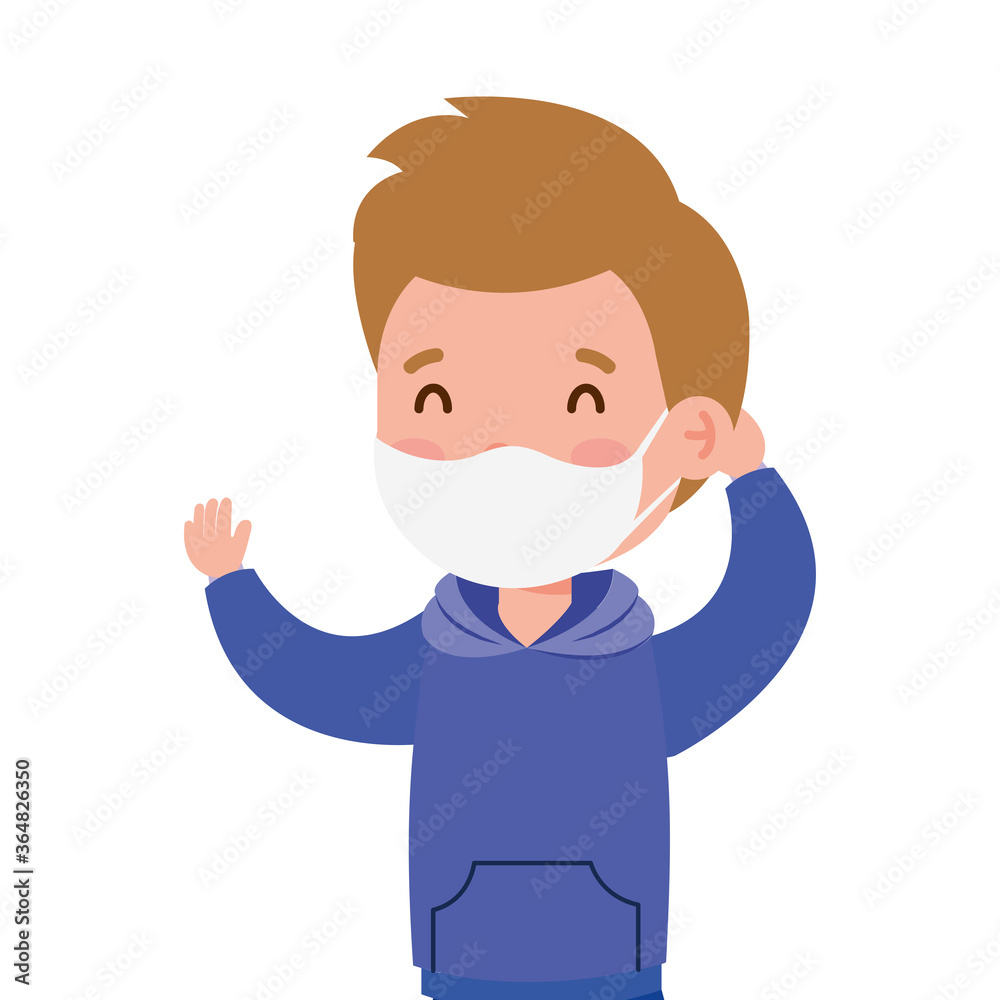 cute boy wearing medical mask to prevent coronavirus covid 19 on white background vector illustration design
