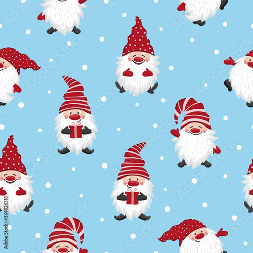 Cute gnomes pattern. Seamless Christmas background with elf characters.