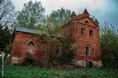 Old abandoned red brick mansion. Former Bikovo manor, Lipetsk region