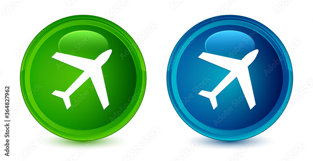 Plane icon artistic shiny glossy blue and green round button set Plane icon artistic shiny glossy blue and green round button set