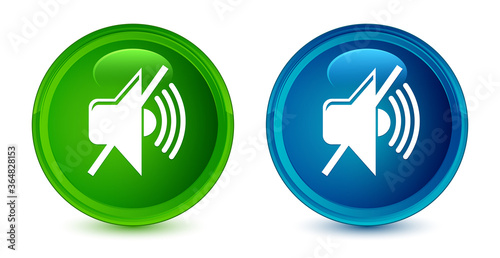 Mute volume icon artistic shiny glossy blue and green round button set
