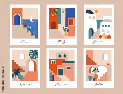 Abstract places, villages, small streets, old towns in Morocco, Mexico, Greece and Italy in pastel colors. Vector illustrations and design