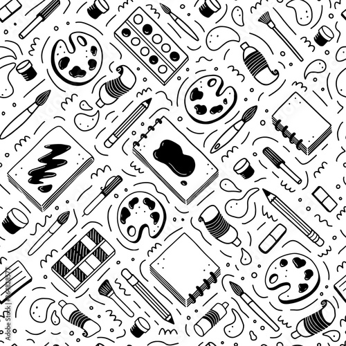 Hand drawn seamless pattern of creative elements, brush, pencil, paints, sketchbook. Doodle sketch style. Artist element drawn by digital pen. Vector illustration for banner, fabric, textile design.